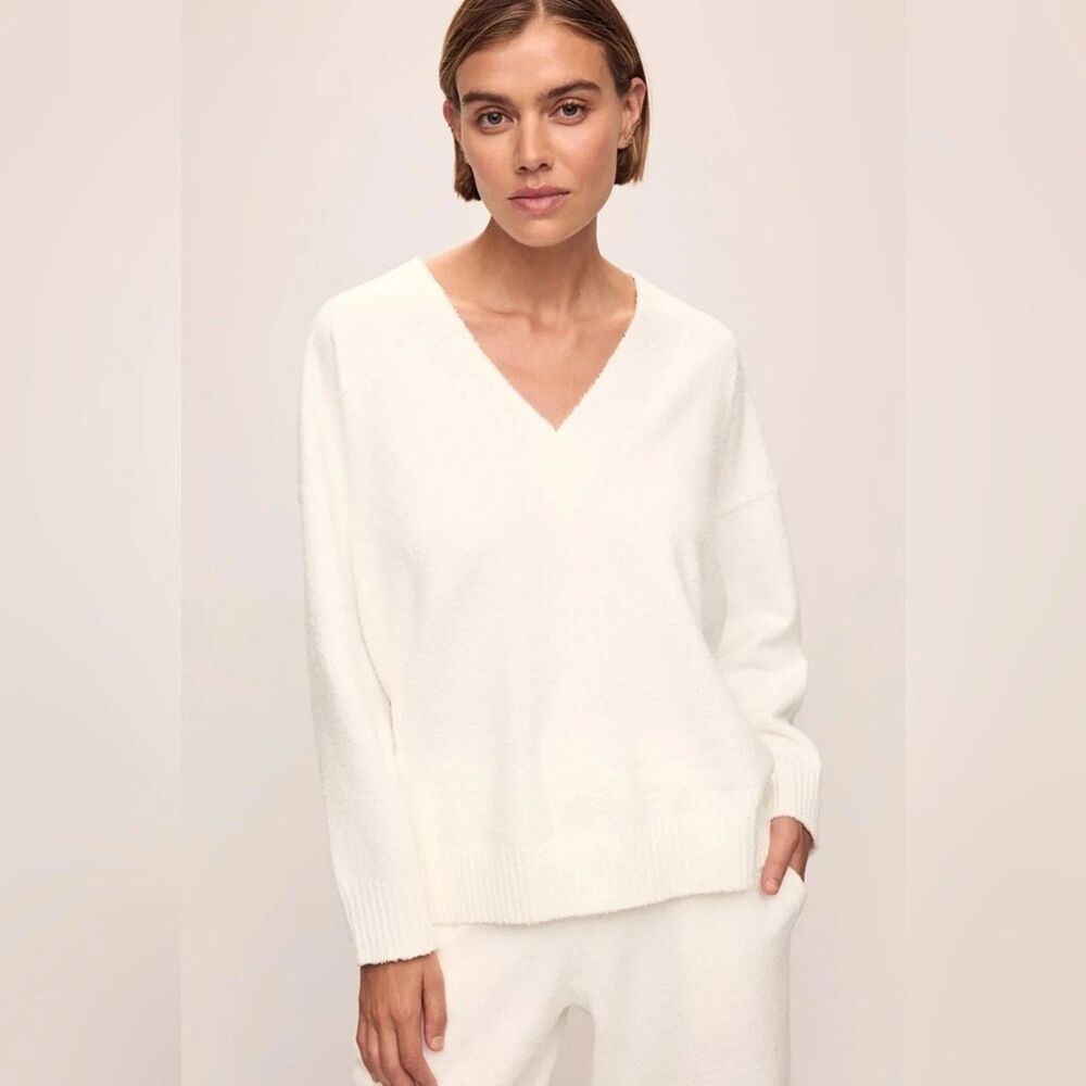 Eberjey Recycled Boucle Boyfriend Oversized V-Neck Sweater, Ivory - XS